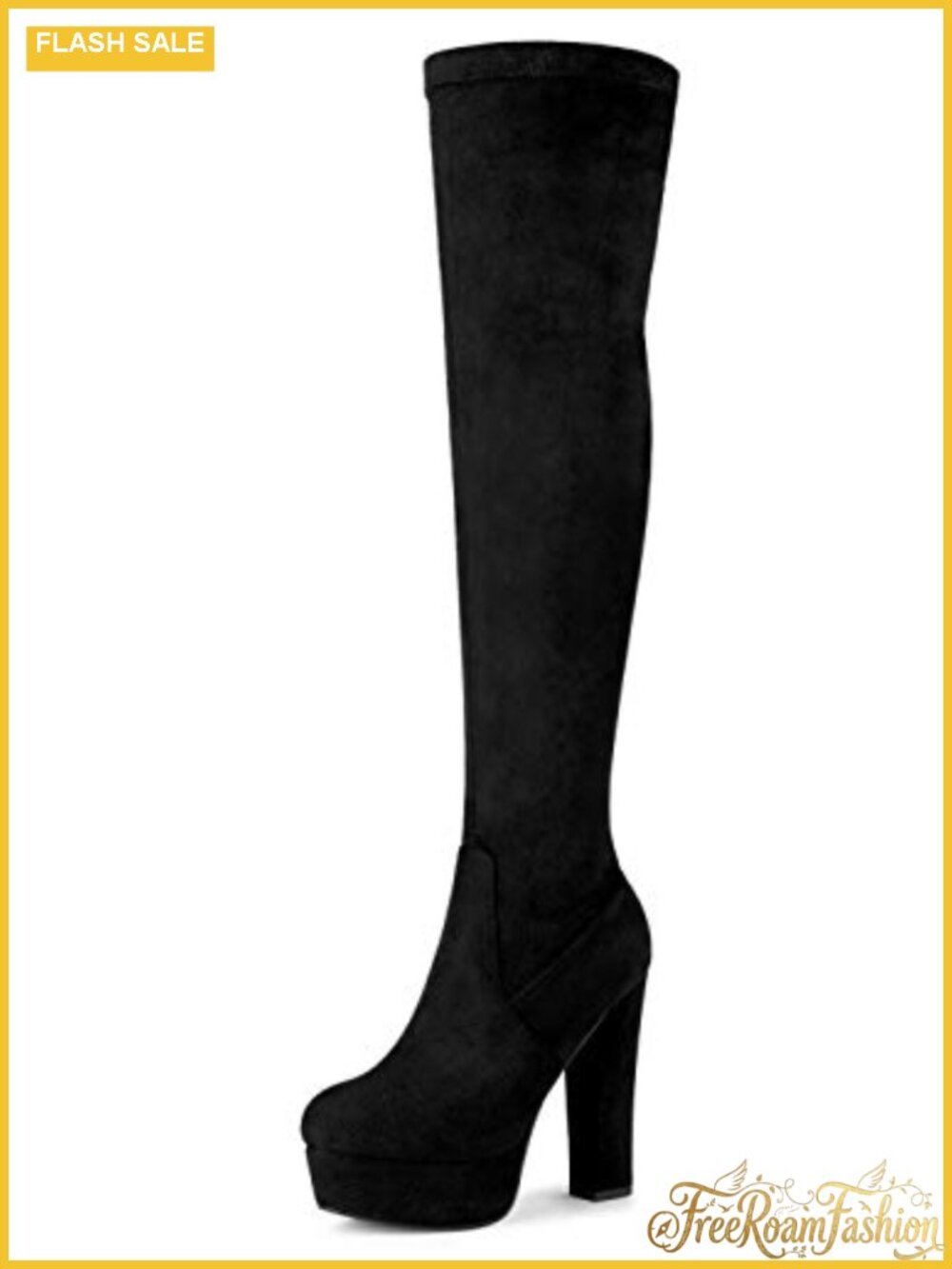 Platform Block Heel Over Knee High Boots Faux Suede Round Toe